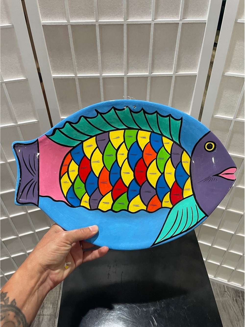 Colorful Hand-Painted Ceramic Fish Plate Circa 2005